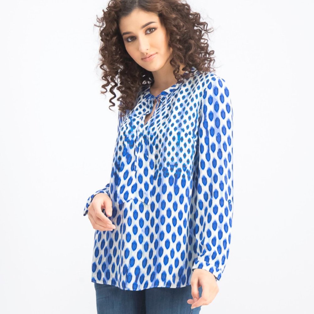 NIC+ZOE Blue Falling Dots Split Tie Neck Blouse